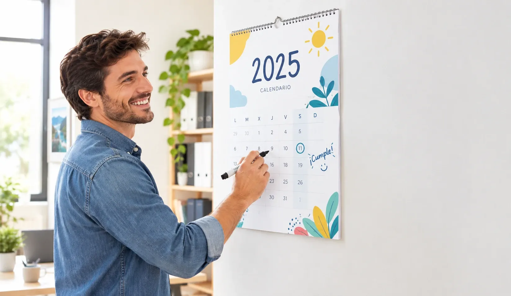 Persona marcando una fecha con rotulador en un calendario de pared personalizado con ilustraciones, en una oficina